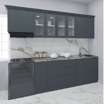 Set bucatarie SPACE 260 cm, 7 corpuri, cu sertare, blat termorezistent, fronturi MDF, antracit