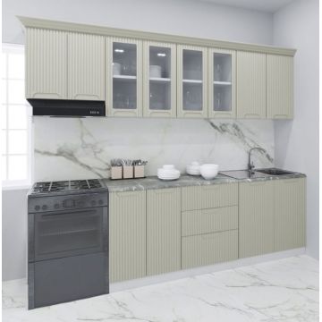 Set bucatarie SPACE 260 cm, 7 corpuri, cu sertare, blat termorezistent, fronturi MDF, crem