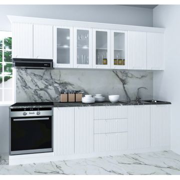 Set bucatarie SPACE 260 cm, 8 corpuri, blat termorezistent, fronturi MDF, alb rustic