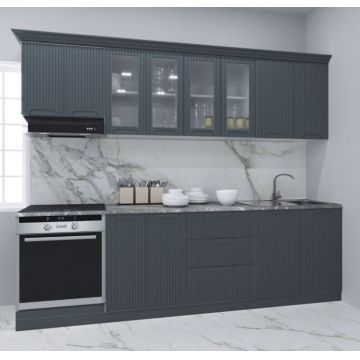 Set bucatarie SPACE 260 cm, 8 corpuri, corp cuptor, cu sertare, blat termorezistent, fronturi MDF, antracit