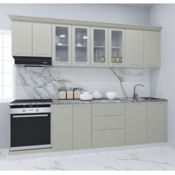 Set bucatarie SPACE 260 cm, 8 corpuri, corp cuptor, cu sertare, blat termorezistent, fronturi MDF, crem