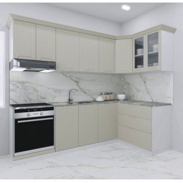 Set bucatarie SPACE COLT 240x140 cm, 9 corpuri, blat termorezistent, fronturi MDF, crem