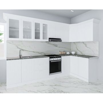 Set bucatarie SPACE COLT 300x140 cm, 11 corpuri, blat termorezistent, fronturi MDF, alb rustic