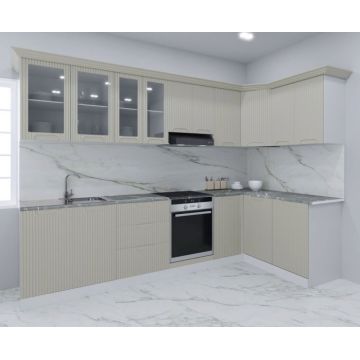 Set bucatarie SPACE COLT 300x140 cm, 11 corpuri, blat termorezistent, fronturi MDF, crem