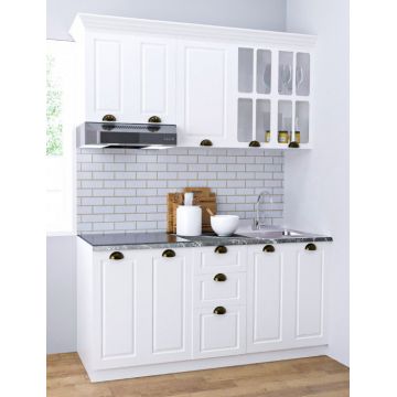 Set bucatarie SQUARE 160 cm, 6 corpuri, blat termorezistent, fronturi MDF, alb rustic