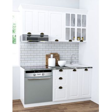 Set bucatarie SQUARE 160 cm, 6 corpuri, corp cuptor, blat termorezistent, fronturi MDF, alb rustic