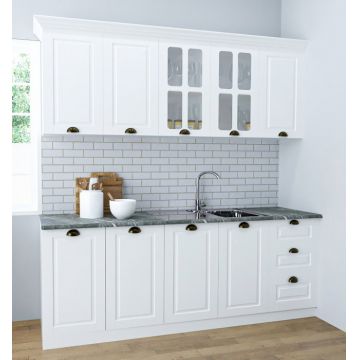 Set bucatarie SQUARE 200 cm, 6 corpuri, blat termorezistent, fronturi MDF, alb rustic