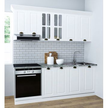 Set bucatarie SQUARE 200 cm, 6 corpuri, corp cuptor, blat termorezistent, fronturi MDF, alb rustic