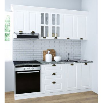 Set bucatarie SQUARE 200 cm, 6 corpuri, corp cuptor, cu sertare, blat termorezistent, fronturi MDF, culoare alb rustic