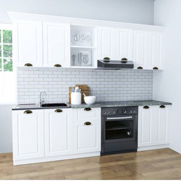 Set bucatarie SQUARE 240 cm, 5 corpuri, blat termorezistent, fronturi MDF, alb rustic
