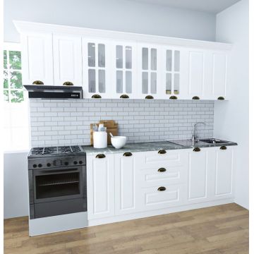 Set bucatarie SQUARE 260 cm, 7 corpuri, blat termorezistent, fronturi MDF, culoare alb rustic