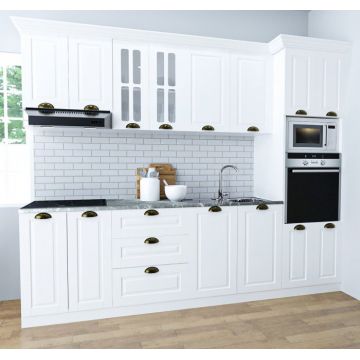 Set bucatarie SQUARE 260 cm, 7 corpuri, corp cuptor + microunde, blat termorezistent, fronturi MDF, alb rustic
