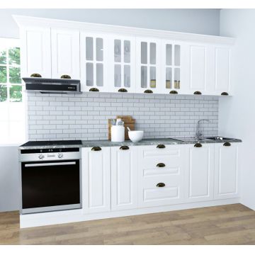 Set bucatarie SQUARE 260 cm, 8 corpuri, corp cuptor, blat termorezistent, fronturi MDF, alb rustic