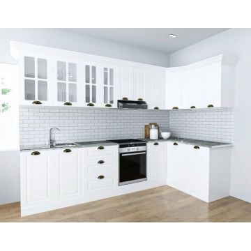 Set bucatarie SQUARE COLT 300x140 cm, 11 corpuri, blat termorezistent, fronturi MDF, alb rustic