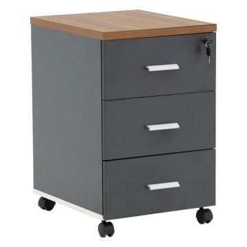 Corp mobil pe roti Oscar cu cheie, 3 sertare, nuc - antracit, 40x48x63 cm - Nuc