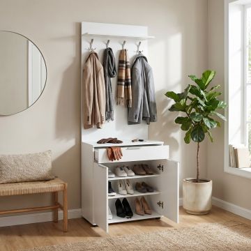 Cuier cu Pantofar PRT-521-BB-1 Home Collection® Porto Aero, cu Sertar, Alb - Natur, 73x187x36 cm - Alb