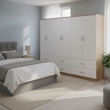 Dulap Athos cu 6 usi si sertare, 240x42x180 cm - Sonoma-Alb