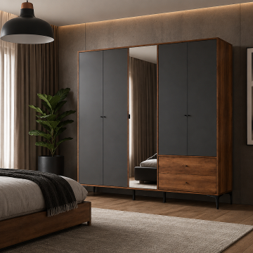 Dulap Haine GRA-752-OA-4 Home Collection® Madrid cu 5 usi, 2 sertare si oglinda, 207x201x51 cm - Nuc - Antracit