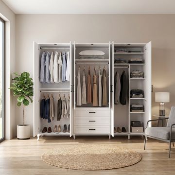 Dulap Haine GRD-1063-DD-5 Home Collection® Country, 6 usi cu 3 sertare, Alb, 240x224x62 cm - Alb