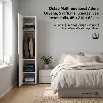 Dulap Multifunctional GRD-1710-DD-1 Home Collection® Oryana, 5 rafturi si umeras, usa reversibila, Alb - Nuc, 45x210x62 cm - Alb
