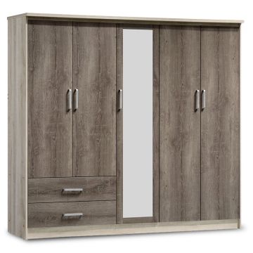 Dulap Olympus cu 5 usi si sertare cu oglinda, 198x57x183 cm - Natur