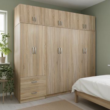Dulap Athos I cu 6 usi si loft, 240x42x240 cm - Stejar