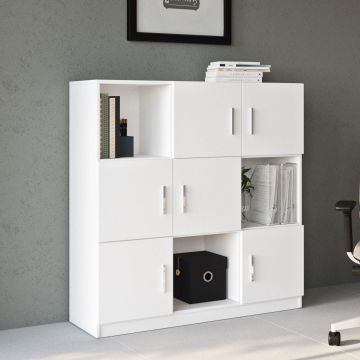 Dulap Multifunctional Birou Dormitor Zappu cu 6 Usi, Alb - Negru - Gri, 120 x 122 x 38 cm - Alb