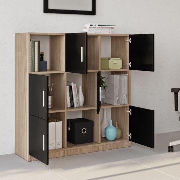 Dulap Multifunctional Birou Dormitor Zappu cu 6 Usi, Alb - Negru - Gri, 120 x 122 x 38 cm - Negru