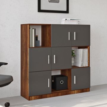 Dulap Multifunctional Birou Dormitor Zappu cu 6 Usi, Alb - Negru - Gri, 120 x 122 x 38 cm - Nuc