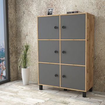 Dulap Multifunctional Jowari cu 6 Usi, Gri - Negru - Lemn Natural, 96 x 138 x 40 cm - Gri
