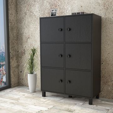 Dulap Multifunctional Jowari cu 6 Usi, Gri - Negru - Lemn Natural, 96 x 138 x 40 cm - Negru