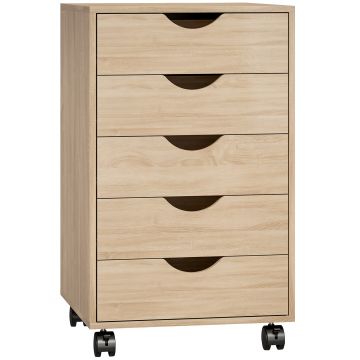 HOMCOM Sertarieră birou cu roți și 5 sertare, arhivor mobil, pentru birou, living 40x40x67 cm Stejar | Aosom Romania