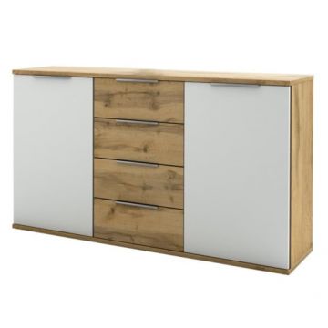 Comoda Castello, 2 Usi Si 4 Sertare, Alb Si Stejar Salbatic, 150 Cm
