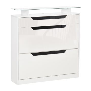 HOMCOM Suport pentru Pantofi cu 2 Sertare pentru 16 Perechi de Pantofi cu Etajeră Reglabilă și Raft din Sticlă, 89x23x96cm, Alb Lucios | Aosom Romania