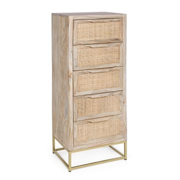 Cabinet din lemn de mango si metal, cu 5 sertare Exor Natural / Auriu, l45xA35xH104 cm