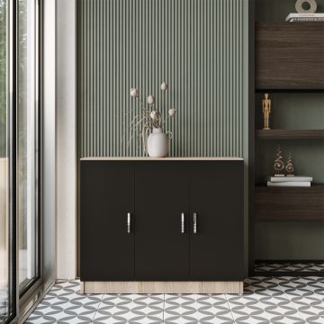 Cabinet din pal, cu 3 usi Vario E Stejar / Negru, l89,1xA38,1xH73,8 cm