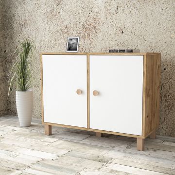 Cabinet din pal si lemn, cu 2 usi Vilamo VL35-217 Alb / Natural, l96xA40xH73,6 cm