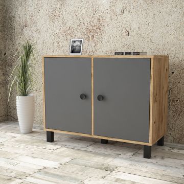 Cabinet din pal si lemn, cu 2 usi Vilamo VL35-228 Antracit / Natural, l96xA40xH73,6 cm