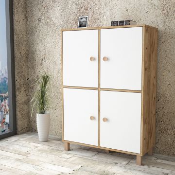 Cabinet din pal si lemn, cu 4 usi Vilamo VL45-217 Large Alb / Natural, l96xA40xH135,4 cm
