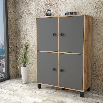 Cabinet din pal si lemn, cu 4 usi Vilamo VL45-228 Large Antracit / Natural, l96xA40xH135,4 cm