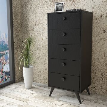 Cabinet din pal si lemn, cu 5 sertare Vilamo VL70-332 Tall Negru, l49xA40xH118,4 cm